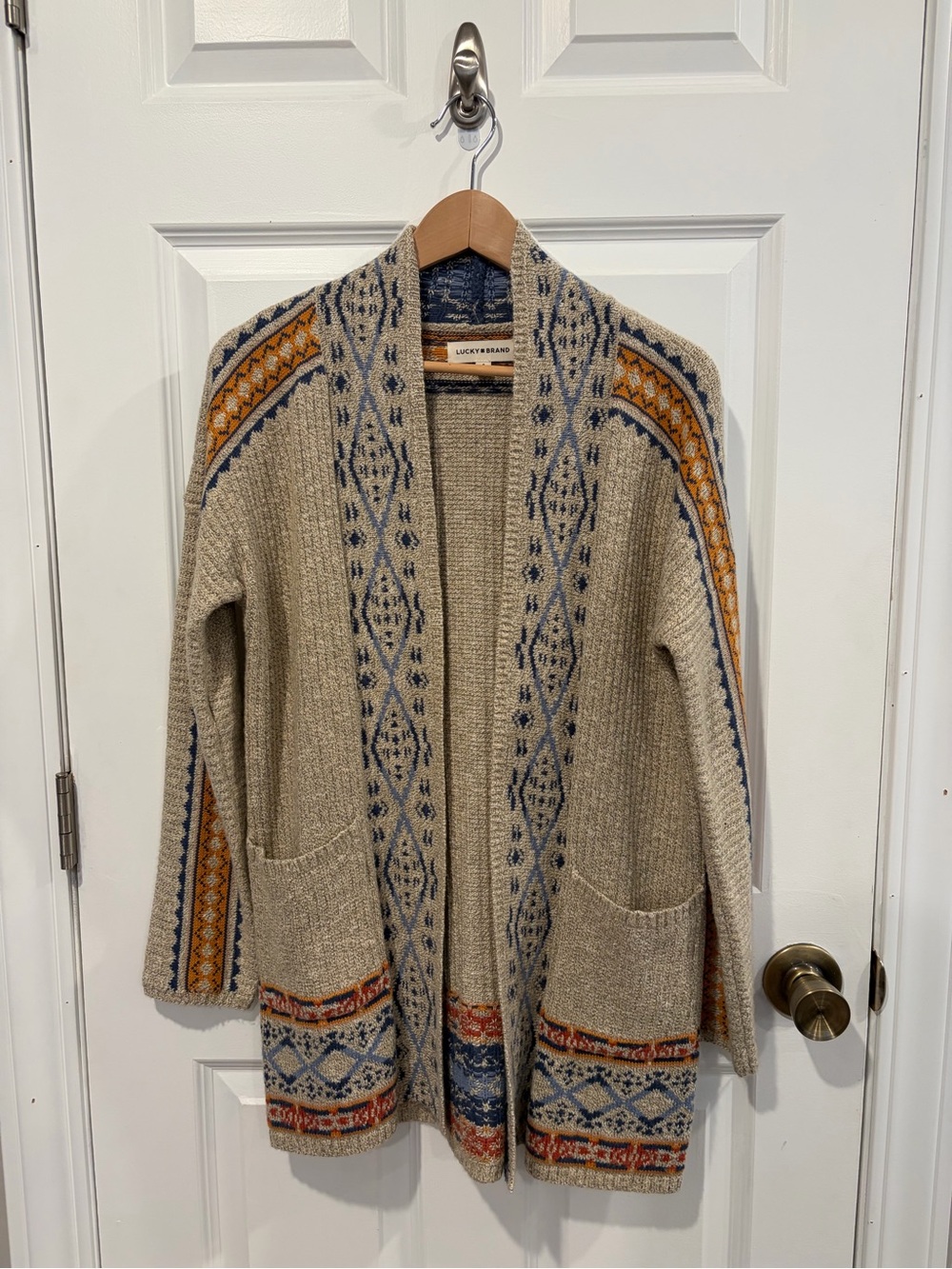 Lucky Brand Cream Open Knit Cardigan with Blue and Rust Accents